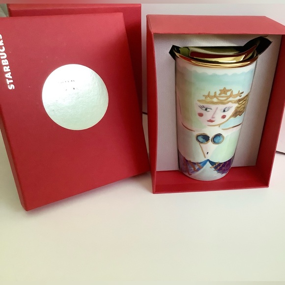 Starbucks Mermaid Siren Ceramic Travel Tumbler Mug Gold Lid 2014 Watercolor new - Picture 1 of 12